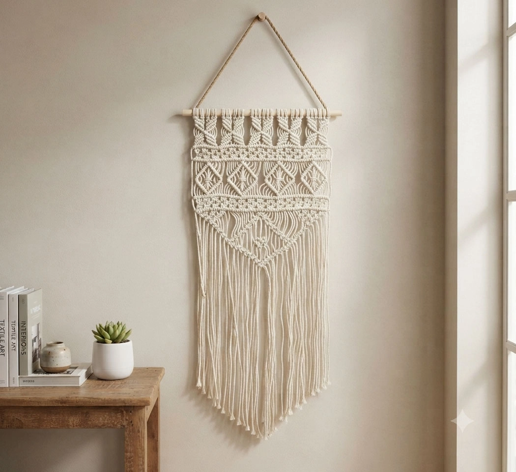 Handmade Bohemian Macrame Wall Hanging – Intricate Woven Cotton Tapestry with Diamond Patterns & Cascading Fringe for Living Room & Bedroom Decor